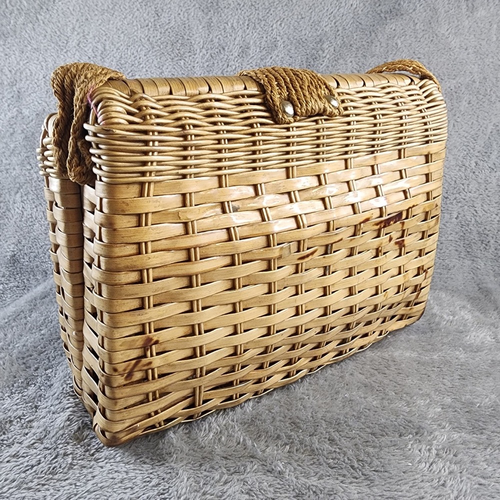Vintage Bonnie International Wicker Box Handbag Tan Woven Purse Gold Hardware - Picture 2 of 10